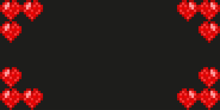 Valentine's Day banner. Vector Pixel art Red Heart background with Empty Frame for text. Romantic holiday backdrop for web social media Valentine Day concept.