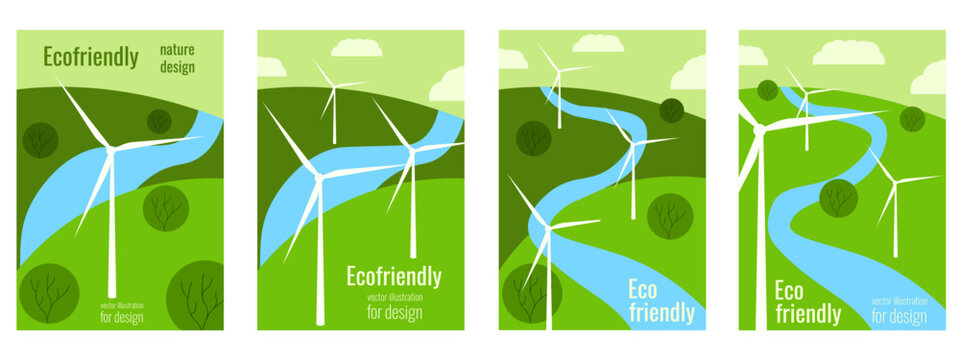 Ecofriendly poster set. Vector illustration of wind turbine on the green alpine nature background. Ecology nature poster background card cover collection. EPS 10