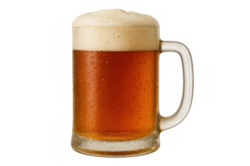 Cold amber beer mug with froth and condensation, refreshing draft beverage on transparent background