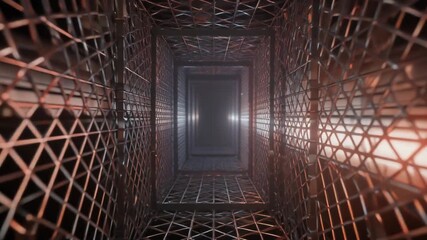 スチールパイプで構成されたトンネル状の機械構造を、カメラがゆっくりと前進しながら捉える。柔らかな光の筋と漂う煙が空間の奥行きを強調し、工業的でありながら幻想的な雰囲気を演出。 - Powered by Adobe