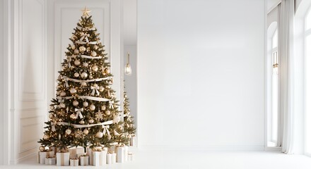 Elegant Christmas tree adorned with gold ornaments and gifts in a bright, modern room