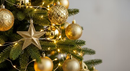 Sparkling golden Christmas ornaments and lights adorn a festive evergreen tree