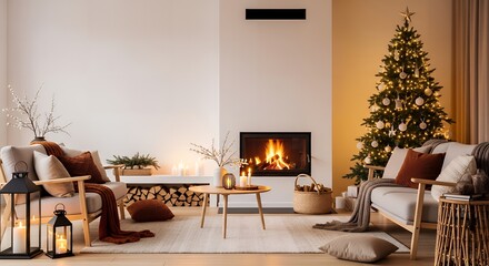 Cozy Christmas living room with fireplace and decorated tree, warm inviting atmosphere