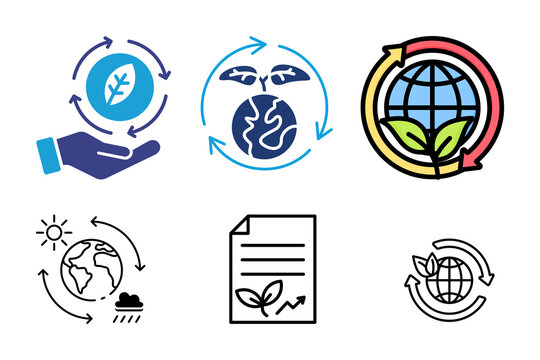 Three circular icons representing sustainability and environment isolated on transparent background