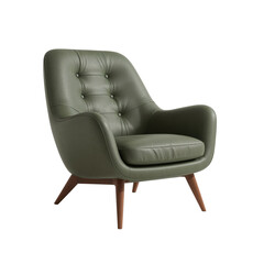 Sophisticated single olive seat with buttoned back and wooden legs against black backdrop