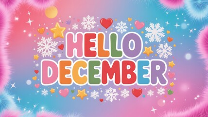 Hello december text with snowflakes, stars, and hearts on a colorful background