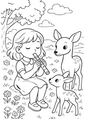 coloring book girl play flute with two small deer