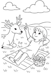 coloring book girl relaxing on mat with deer around her