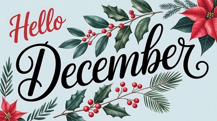 Hello december text with poinsettias and holly berries on a blue background