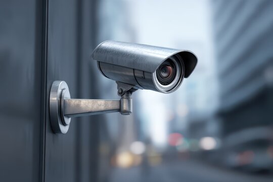 Modern security surveillance system camera mounted on a building in a bustling urban environment during daylight hours