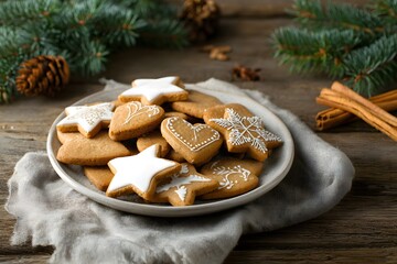 Christmas cookies shaped like stars and hearts sit on a festive holiday plate.