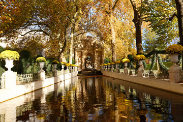 Medici Fountain at the Luxembourg Garden in Paris was built in about 1630 . The Jardin du Luxembourg, one of the most beautiful gardens in Paris, France.