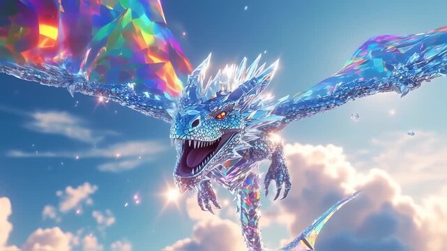 A crystalline dragon soars through a sunny, cloud-filled sky, its scales shimmering with color