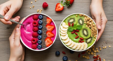Vibrant smoothie bowls bursting with fresh berries, kiwi, and granola for a healthy start.
