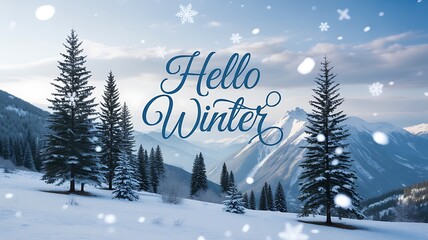 Hello winter text over a snowy mountain landscape with falling snowflakes