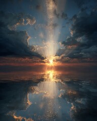 Obraz premium A surreal lake where water flows upward toward the clouds, defying gravity and perception.