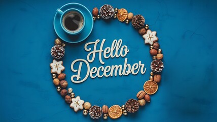 Hello december text with coffee and festive wreath on blue background