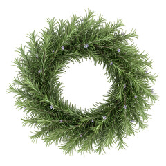 Vibrant Green Rosemary Wreath with Delicate Berries on White Background.