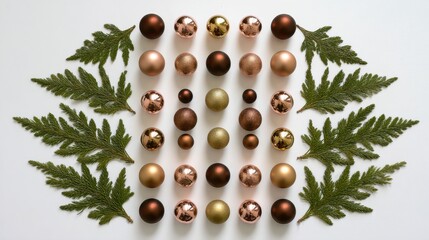 Elegant Arrangement of Metallic Christmas Ornaments with Evergreen Foliage on White Background