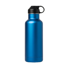 Sleek blue metal reusable water bottle with a black screw cap and carry loop.