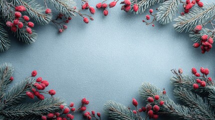 Festive Winter Background with Pine Branches and Red Berries for Holiday Celebrations and Seasonal Decorations