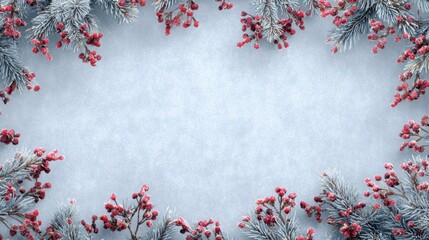 Frosty Winter Background with Red Berries and Evergreen Branches for Seasonal Decorations and Festive Designs