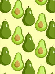 Avocado Vector Seamless Pattern of Whole and Halved Fruit with Seed, Flat Illustration Style Tropical Vegan Healthy Food Background