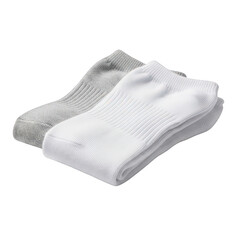 A pair of folded ankle socks, one white and one gray, are isolated on transparent background, showcasing their texture and design in a simple composition