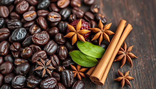 Dark roasted coffee beans, Medjool dates, cinnamon sticks, star anise,  spices,  fragrant