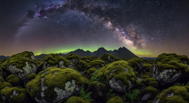 Moss covered rocks under the milky way and aurora borealis in iceland at night