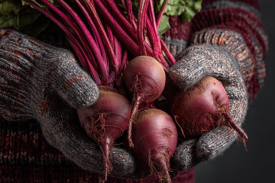 Farmer's hands in gloves holding freshly harvested bunch of deep red beetroots in a rustic setting during autumn harvest season - Powered by Adobe