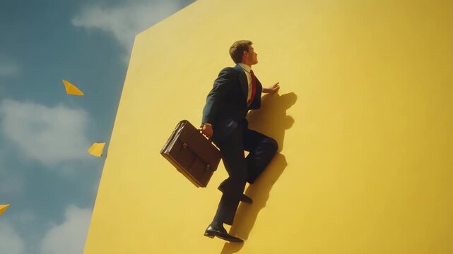 Climbing a giant yellow wall while carrying a briefcase and dodging paper airplanes in a bright sky
