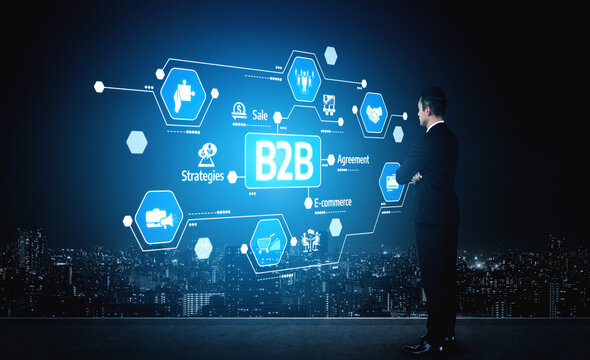 A businessman stands before a digital interface showcasing B2B elements like strategies, e-commerce, and sales, set against a modern city skyline backdrop. Tessel - Powered by Adobe