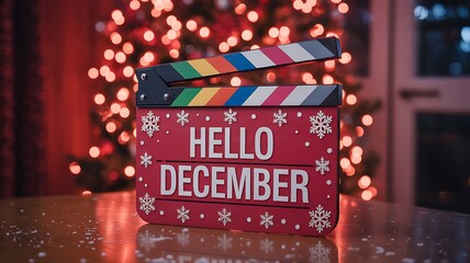 Hello december clapperboard with festive christmas lights in background