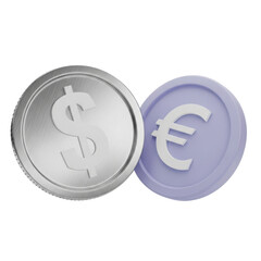 Two distinct currency coins a silver dollar and a purple euro isolated on transparent background