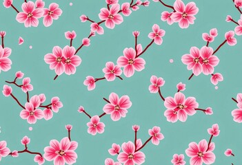 Elegant repeating pattern of stylized cherry blossoms and geometric shapes in soft pastel hues,  spring,  textile