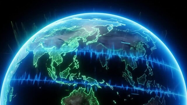 Glowing Digital Earth With Blue Energy Waves Circulating The Globe In Dark Space