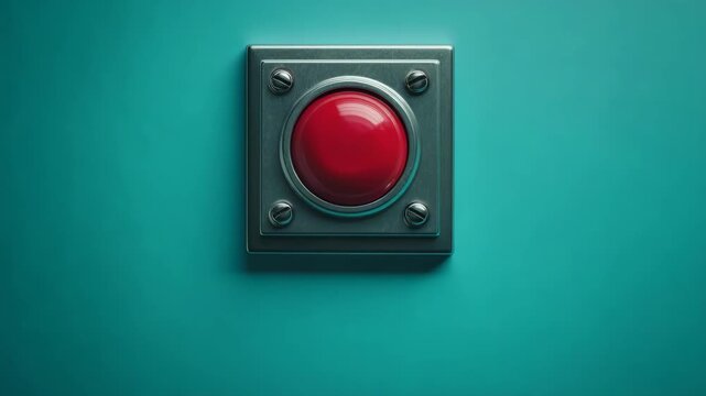 Hand pressing a large red button on a blue wall during an important decision making moment in a game show setting