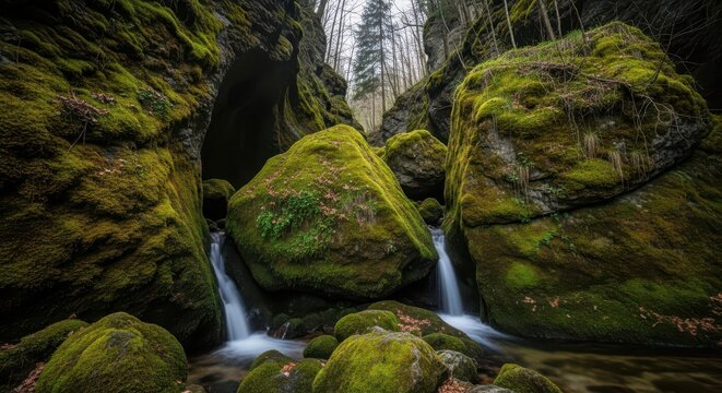 Mossy rocks and a small waterfall in a forest, creating a peaceful and natural scene