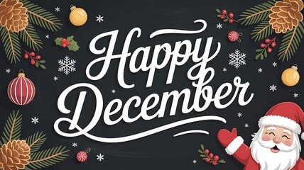 Happy december text with santa claus and festive decorations
