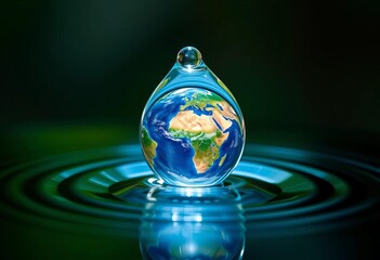 A single, glistening waterdrop encapsulates a miniature Earth, sphere, wonder