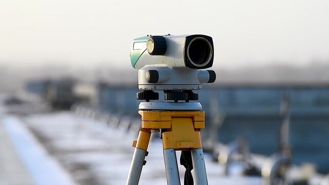 Surveyor equipment tacheometer or theodolite outdoors at construction site
