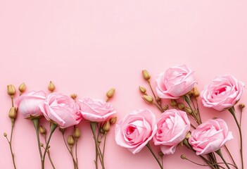 Delicate dried pink roses arranged on a blush pink backdrop,  arrangement,  floral