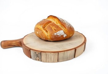 A rustic loaf of bread sits on a weathered wooden board, isolated against a pure white backdrop, texture, bakery