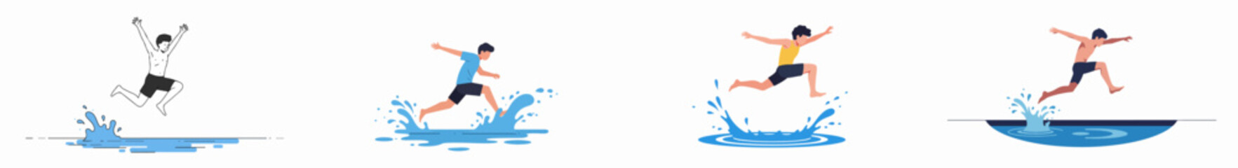 Set of illustrations featuring men jumping into water, creating splashes. Concepts of summer, freedom, and dynamic recreation.