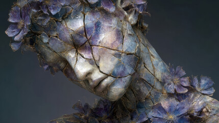 abstract grief visualization, fragmented sculpture of a human with flowers growing through the cracks, symbolizing healing through pain