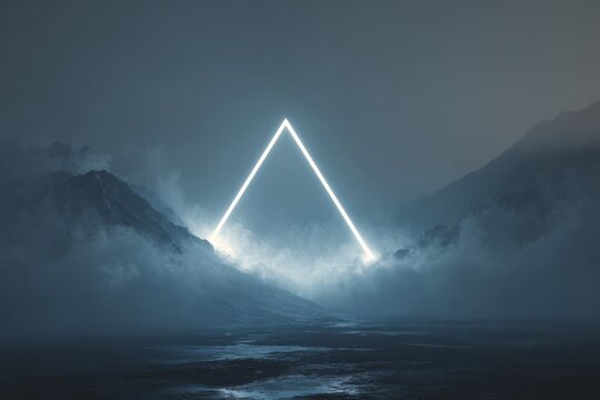 A glowing triangular portal opens above the mountains, radiating mysterious cosmic light.