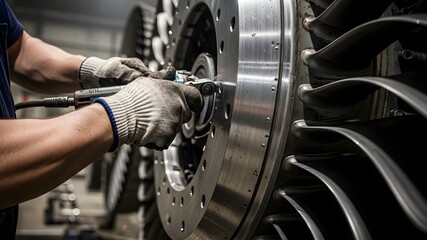 Mechanic wearing gloves repairs a heavy metal turbine engine component