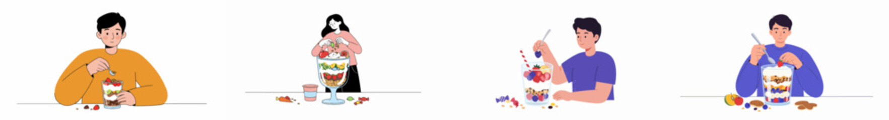 Collection of vector illustrations showing people preparing and enjoying layered yogurt, granola, and fresh fruit parfaits for a healthy breakfast or snack.