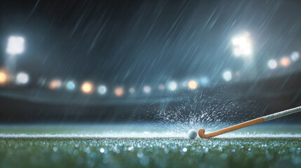 Field Hockey Stick and Ball in Rainy Match